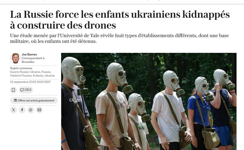 La Russie force les enfants ukrainiens kidnappés à construire des drones

Une étude menée par l'Université de Yale révèle huit types d'établissements différents, dont une base militaire, où les enfants ont été détenus.