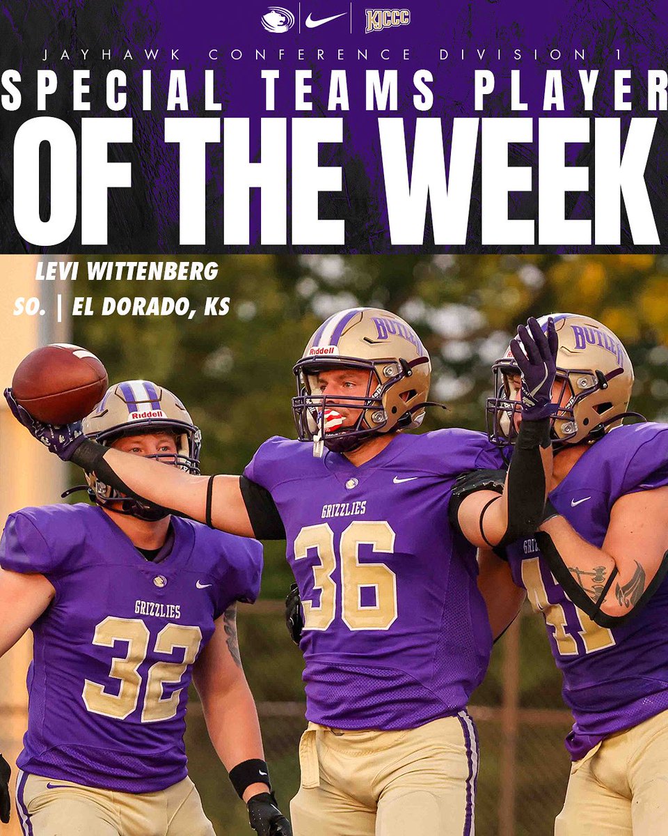 ButlerGrizzlies's tweet image. Congratulations to the home town kid @LeviWittenberg for being named the KJCCC Special Teams Player of the Week!🤝🔥

Read more about Wittenberg’s performance vs Ellsworth at butlergrizzlies.com

#roargrizz🐻