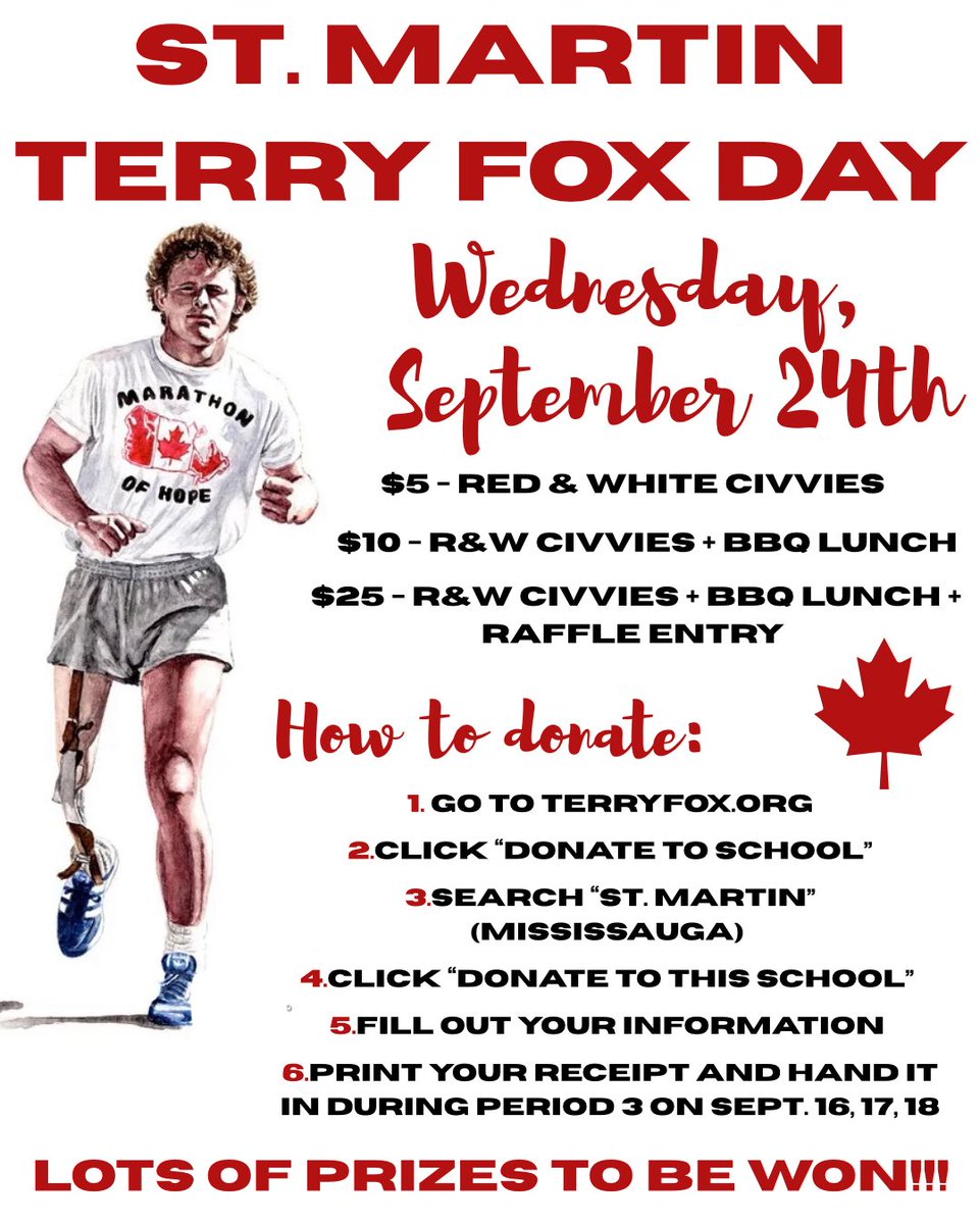 StMartinCSS's tweet image. It’s time for one of our longest-running traditions at St. Martin - the Terry Fox Marathon of Hope!! Get your donations made and bring in your receipt so you don’t miss out on a fun day for a great cause 🇨🇦❤️🤍🇨🇦