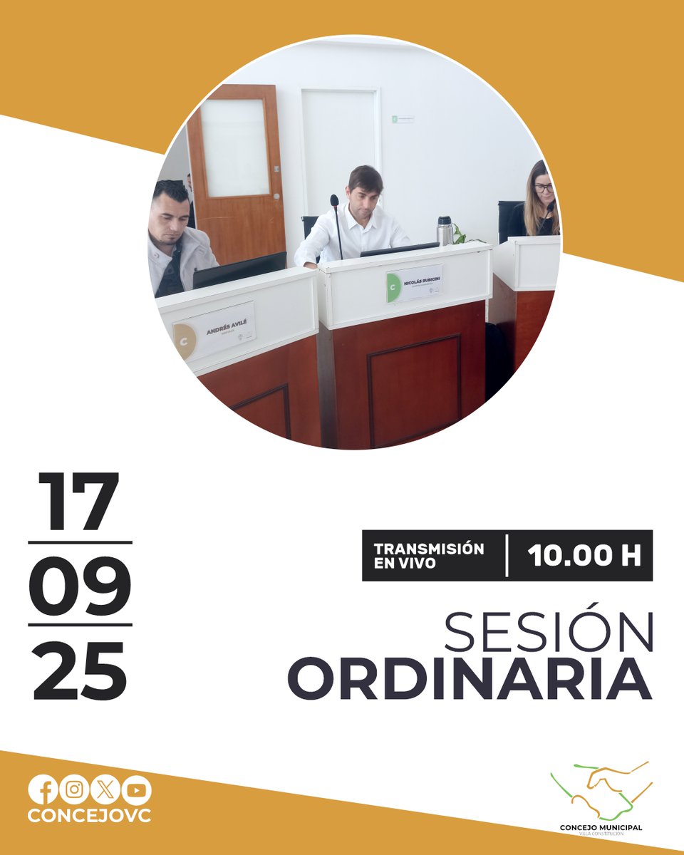 ConcejoVc's tweet photo. Sesión Ordinaria en VIVO | 17SEP2025

📄Consultá el Orden del Día👇
https://t.co/nLJE84IggG

¡Seguí la transmisión en vivo desde nuestra Fan Page! Te esperamos 10.00 H

#42PeríodoLegislativo #SesionesEnVivo #ConcejoMunicipal #VillaConstitución2025 #LegislativoMunicipal https://t.co/5ji8HcapDV