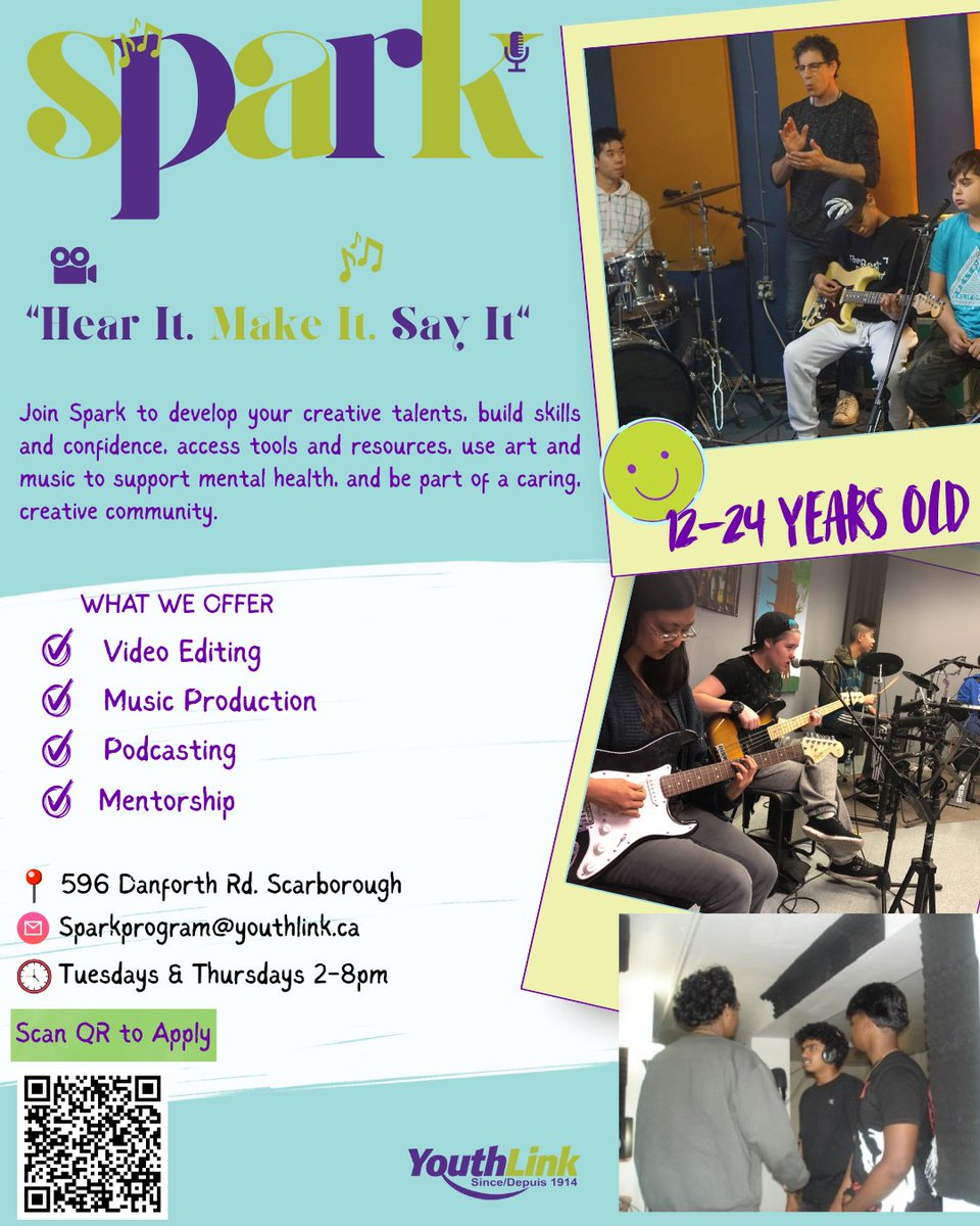 Join Spark – a free program for youth (12–24) to explore music, podcasting, video editing &amp; more while building confidence, skills &amp; community.

📍 Scarborough | Tues &amp; Thurs 2–8 PM
📩 sparkprogram@youthlink.ca
🔗 Scan QR to apply
#YouthPrograms #SparkYourCreativity