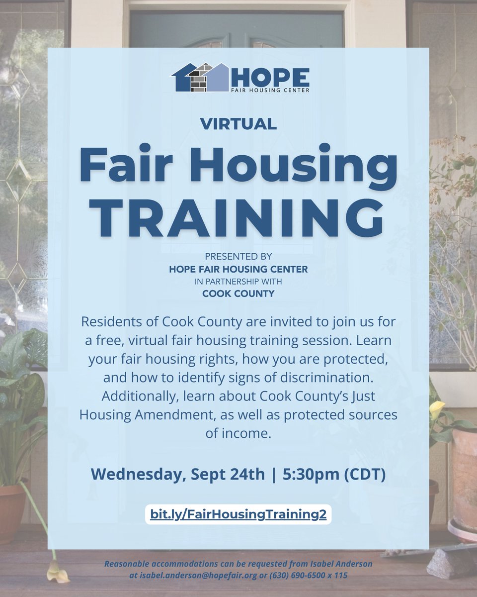 CookCtyHumanRts's tweet image. Next week, our partner agencies will be presenting on fair housing protections in Cook County. Visit our partners&apos; social media pages to learn more! #CookCounty #FairHousing #HumanRights
