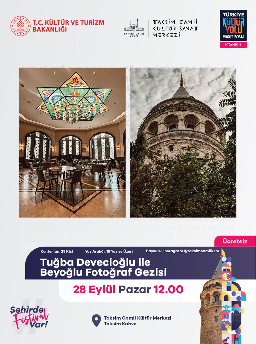 Fotoğraf sanatçısı Tuğba Devecioğlu <a href="/serfotograf/">Tuğba Devecioğlu</a> ile Beyoğlu’nun tarihi yapılarını ve sokaklarını fotoğraflayın. 📸🌁

📣 Daha önce aynı etkinliğe katılım sağlayanların başvurmamasını rica ederiz. Ki daha farklı kişiler de istifade edebilsin..

Kontenjan 25 kişi ile sınırlıdır.