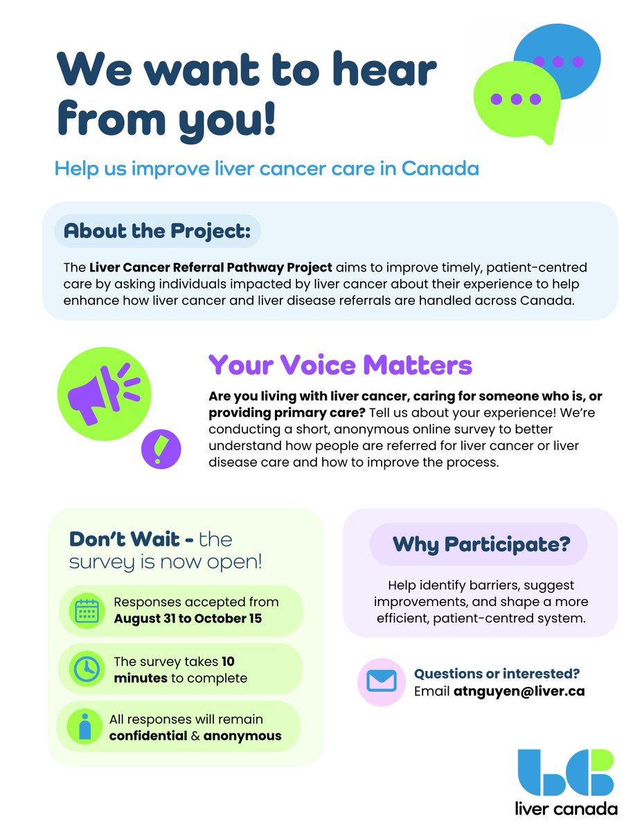 Share Your Experience with the Liver Cancer Referral Process!
Liver Canada wants to better understand the challenges, gaps &amp; barriers that patients &amp; caregivers encounter. Only about 5–10 minutes to complete, anonymous &amp; confidential.
👉 forms.office.com/r/8AZcEin7A9
