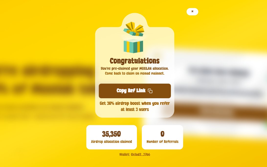 DigitalMoneyinn's tweet image. Free Airdrop $MOOLAH token for @monad users

Just check your allocation without wallet connection
Pre claim link - airdrop.moolahnad.xyz/?ref=63HSMFMRPE

Eligibility 
Min 50 trx in Monad testnet

Paste your Monad address
Like,follow &amp;amp; repost
Pre Claim

#Airdrops #monad