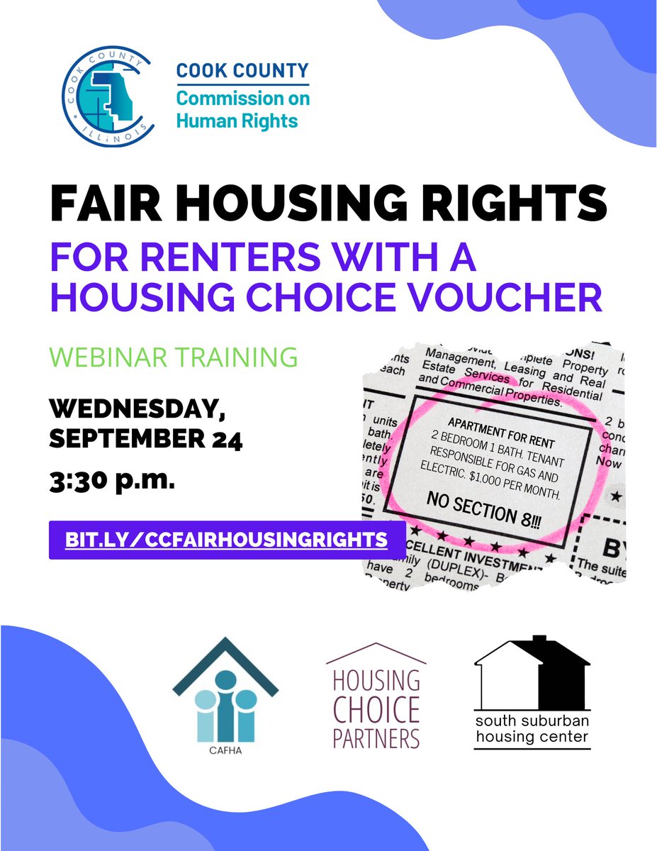 CookCtyHumanRts's tweet image. Next week, our partner agencies will be presenting on fair housing protections in Cook County. Visit our partners&apos; social media pages to learn more! #CookCounty #FairHousing #HumanRights