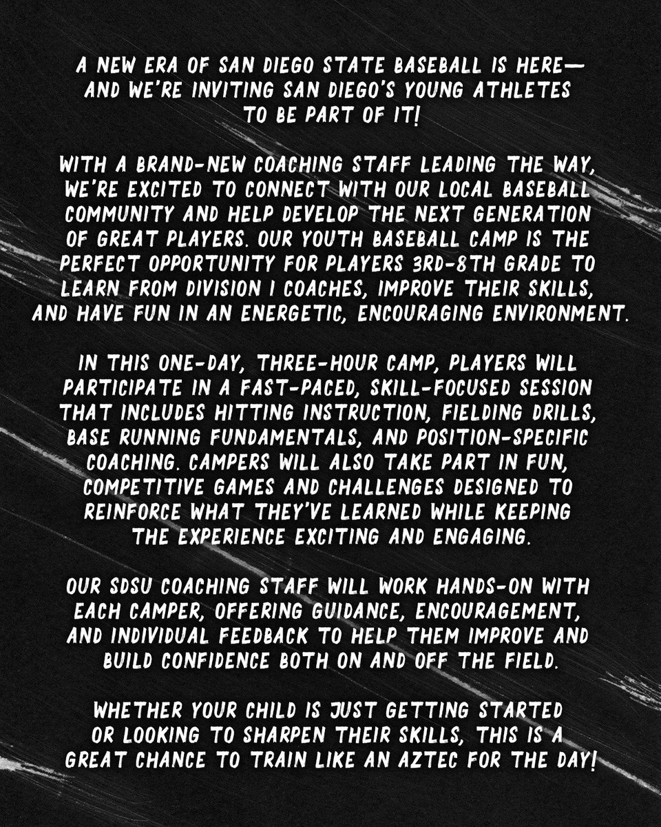 Want to train like an Aztec for the day? ⚾️

Our Youth Baseball Camp is the perfect opportunity for players 3rd-8th grade to improve their skills and have fun in an energetic, encouraging environment!

Sign your student up at aztecbaseballcamps.com/shop/product/5…