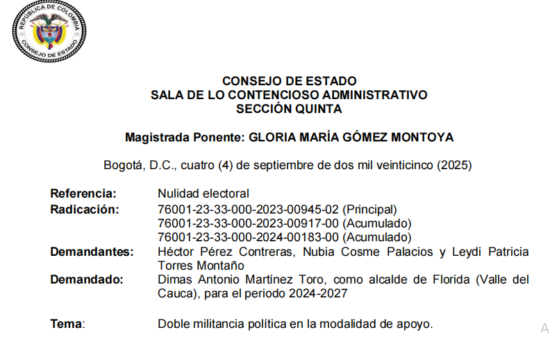 ColAboElectoral's tweet photo. Interesante análisis que, de forma reciente, realizó la Sección Quinta del Consejo de Estado frente  a la muy polémica prohibición de doble militancia - modalidad de apoyo. En este caso se responde una recurrente pregunta de juristas y asesores políticos ¿La simple coincidencia en eventos proselitistas y la emisión de ciertos mensajes basta para declarar nulidad de la elección?

La respuesta para este interrogante fue negativa y, en consecuencia, se mantiene vigente la elección del alcalde de Florida (Valle del Cauca, 2024-2027). 

Link de la providencia: https://t.co/HXCSPOujgy

Análisis en el hilo ...