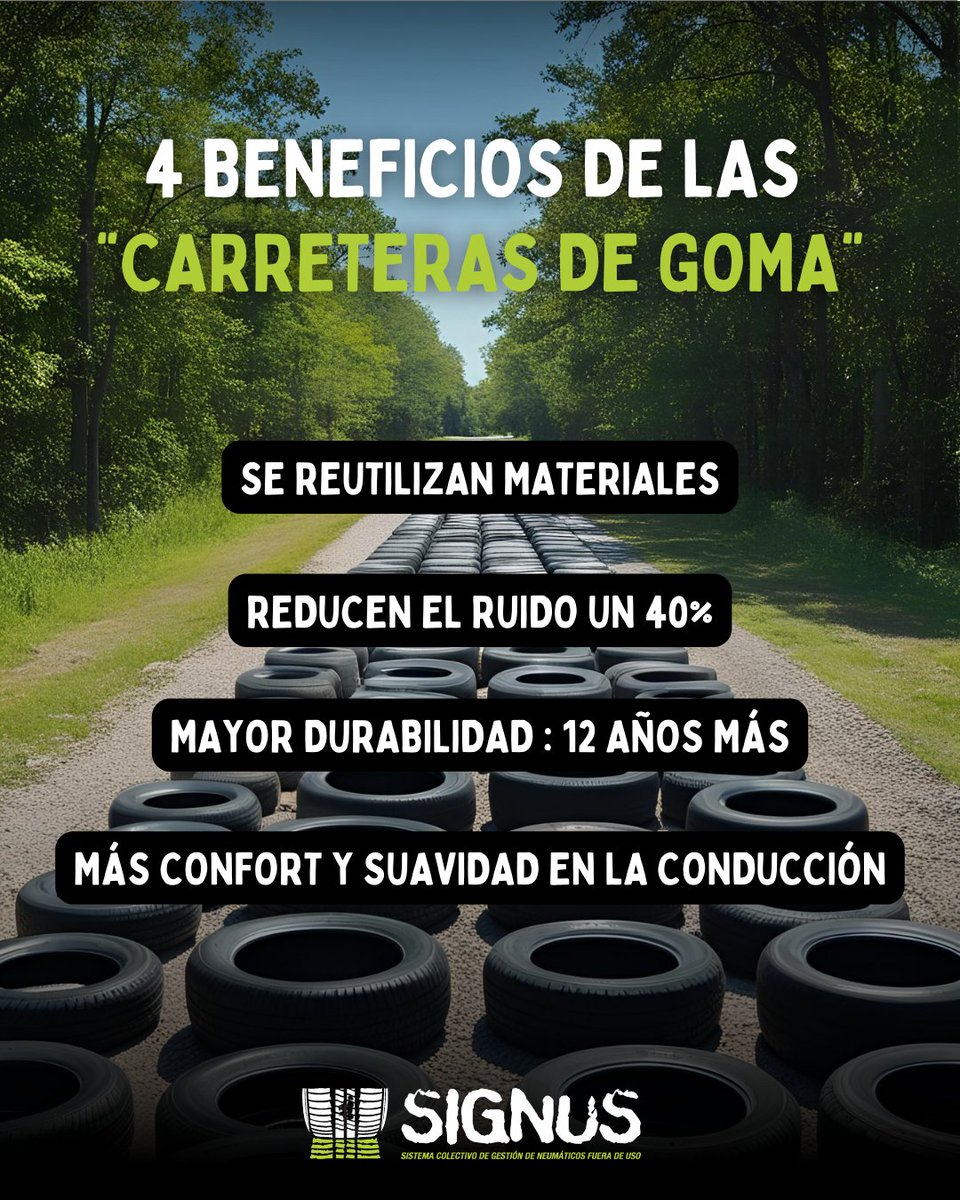¿Sabías que los neumáticos fuera de uso pueden convertirse en las carreteras del futuro? 🤔🌍

Aquí te contamos 4️⃣ ventajas del polvo de neumático para crear pavimentos más sostenibles y eficientes. 

Descubre más en 👉👉👉 signus.es