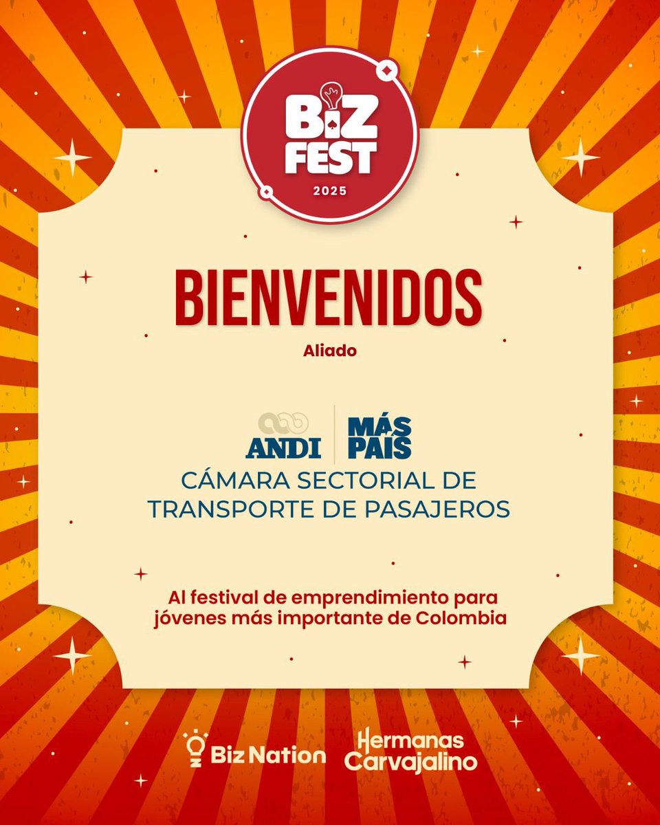 Hoy desde la <a href="/TransportePAndi/">Cámara de Transporte de Pasajeros ANDI</a> y la <a href="/andi_bogota/">Seccional ANDI Bogotá, Cundinamarca y Boyacá</a> con apoyo de nuestro afiliado <a href="/BolivarianoCO/">Bolivariano</a> nos unimos con las <a href="/lascarvajalino/">Hermanas Carvajalino</a> para apoyar el Biz Fest 2025, movilizando a nuestros jóvenes para que se disfruten el festival de Emprendimiento más grande Colombia!!!