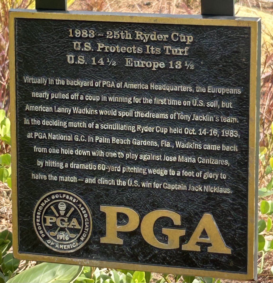 Countdown to the <a href="/rydercup/">Ryder Cup</a> from The Ryder Course <a href="/PGAVillage/">PGA Golf Club at PGA Village</a> where the hole sign on #9 tells about how the Americans protected home turf at PGA National