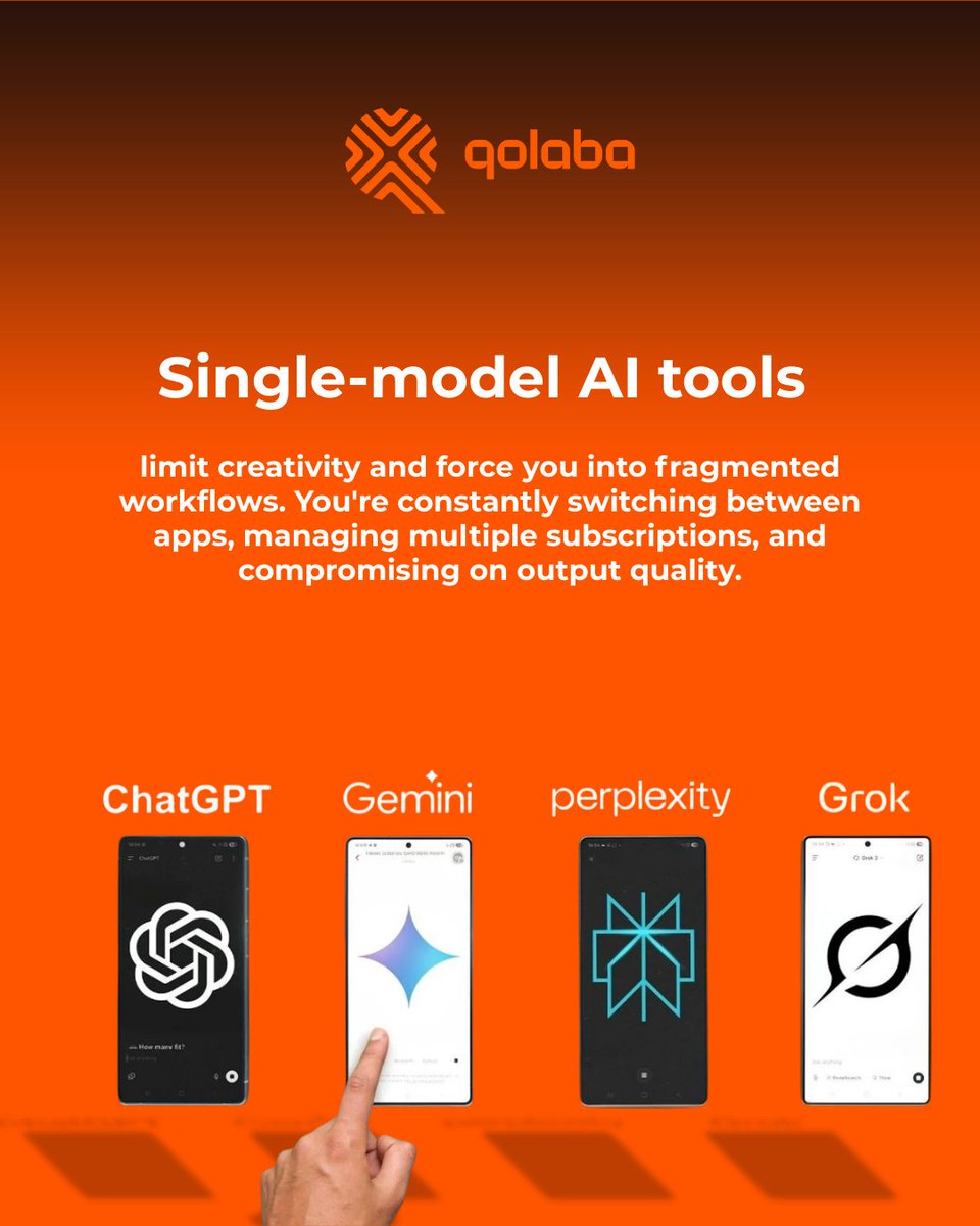 Qolaba's tweet image. Outgrown your single-model AI tool? It&apos;s time to go multi-modal. A fragmented workflow is an innovation killer. With #Qolaba, you can write, design, and create with over 60 AI models in a single, unified workspace. Stop juggling, start creating. #MultiModalAI #UnifiedAIToolkit
