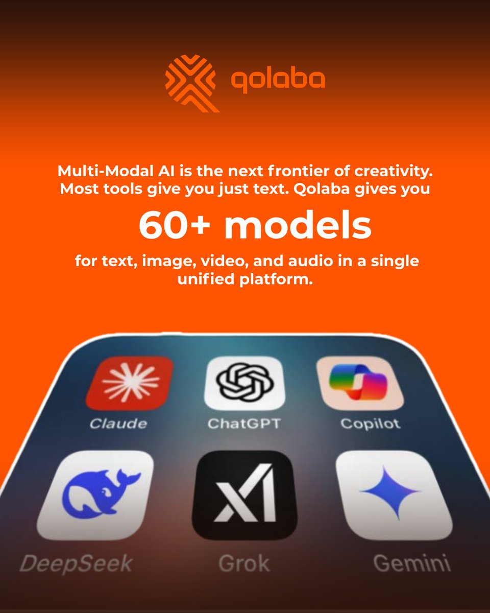 Qolaba's tweet image. Outgrown your single-model AI tool? It&apos;s time to go multi-modal. A fragmented workflow is an innovation killer. With #Qolaba, you can write, design, and create with over 60 AI models in a single, unified workspace. Stop juggling, start creating. #MultiModalAI #UnifiedAIToolkit