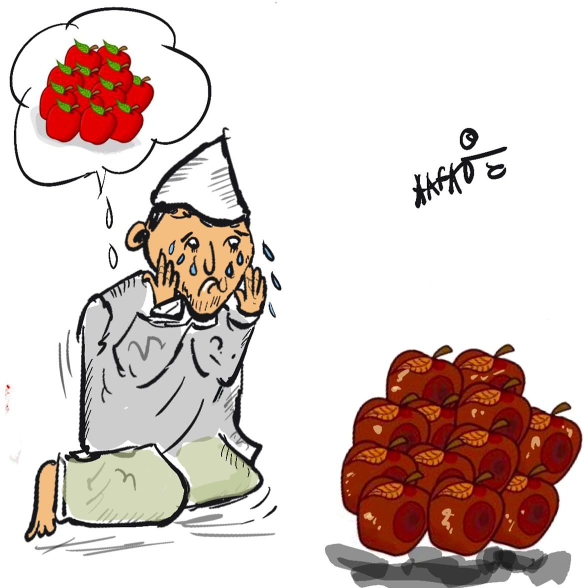 GCO_JK's tweet image. In this hour of man-made economic distress We stand in solidarity with our apple growers and farmers .
Families devastated, young students whose cost of education was borne by this sector now have nowhere to go.
Lets atleast emphatise with with their pain.

Toon by @aafaq_hamid