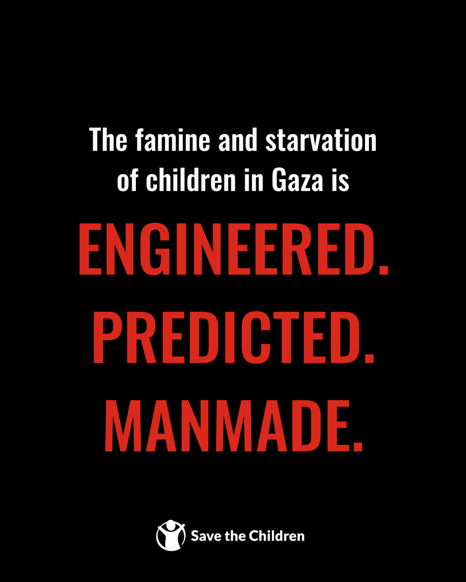 savechildrenuk's tweet photo. The Government of Israel is starving children and their families in Gaza by design.

Even a day without enough food can have an effect on a child's body.

And after two weeks, their body starts to deteriorate quickly – their heart, liver and kidneys start to weaken, and their body is more at risk of infection. 

Their body starts to eat its own muscles to stay alive. 

After more than three weeks, the effects become catastrophic. 

They become vulnerable to common illnesses that could now kill them; their eyes get lesions leading to loss of sight; their muscles waste away; their hair starts to fall out; they find it very hard to move and their organs are shutting down.

But what is most abhorrent is that this is all avoidable. 

We are witnessing an engineered, predicted and manmade famine. 

Sign our petition to demand Keir Starmer takes urgent action for children: https://t.co/5jWYyqPrxD

#WorldFoodDay