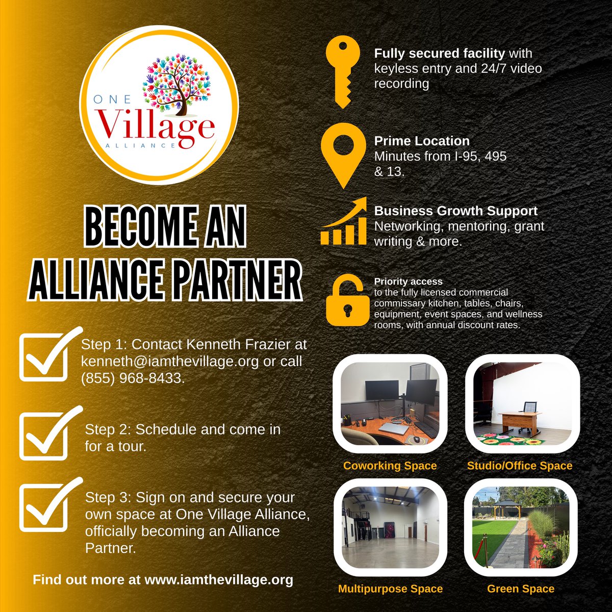 Looking for the perfect space to grow your business, connect with community, and access the support you need? ✨

At One Village Alliance, you’ll find coworking offices, multipurpose event space, a fully secured facility, business growth support, and more all in a prime location.