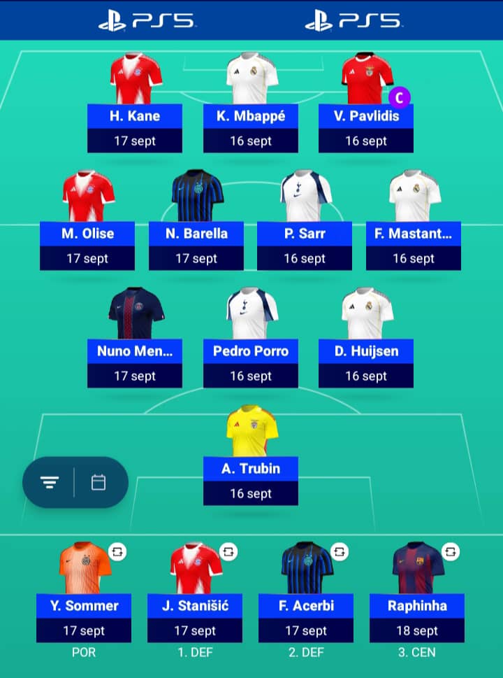 FPL_ElCapi's tweet image. #UCLFantasy MD1 Team Reveal 🚨

Trubin
Nuno Mendes – Porro – Huijsen
Olise – Barella – Sarr – Mastantuono
Kane – Mbappé – Pavlidis (C)

Bench: Sommer, Stanišić, Acerbi, Raphinha

©️: Pavlidis 🔥

Let’s cook this MD! 🍳 #UCLFantasy