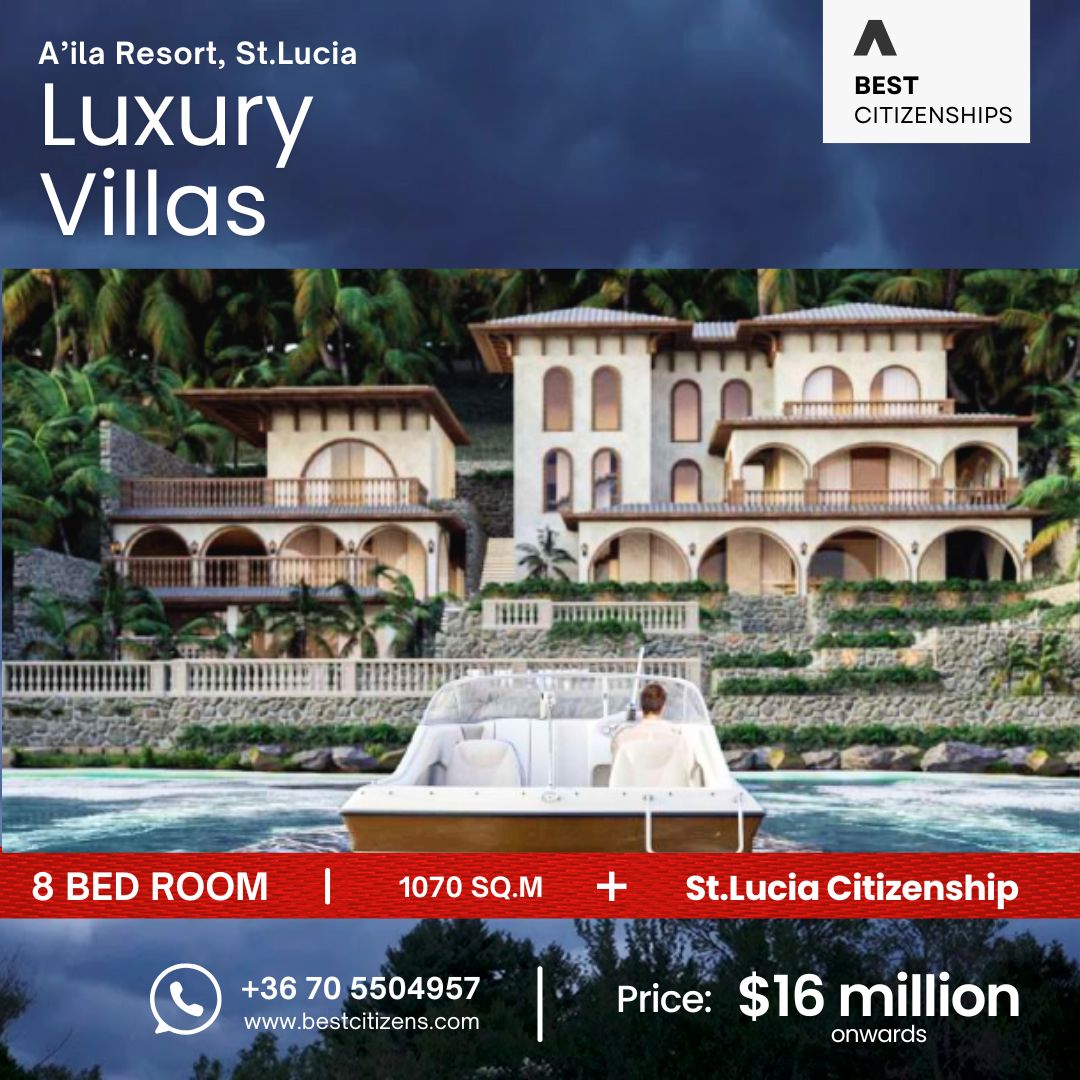 Luxury Villa in A'ila Resort, St Lucia with Yacht Dock + St.Lucia Citizenship (All in one package).

Bedrooms - 8
Area - 1070 Sq.m
Price - $16,050,000
Delivery - 2026.

Two Living Room &amp; Kitchen+maid Room + Spa &amp; Gym Room + Study Room +two Car Garage + Infinity Pool + Outdoor
