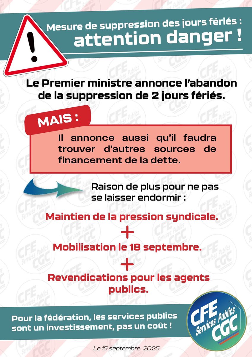 xdepeckersnipat's tweet image. 🚨 Le 18 septembre 2025 : Grève et mobilisation pour défendre nos jours fériés, nos salaires et nos services publics ! 🚨 #TousMobilisés #18septembre #grève #manifestations