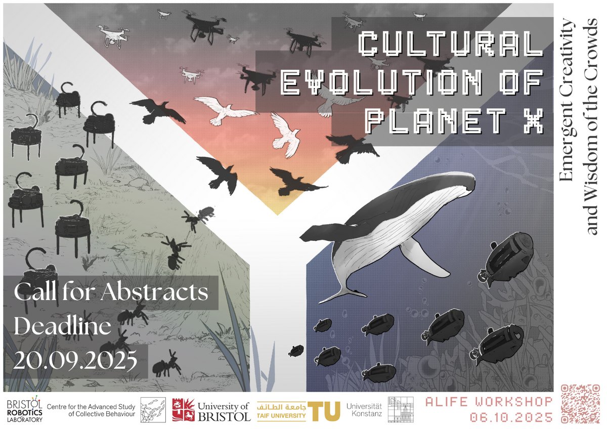 dgarzonramos's tweet image. 🚨 Last days to submit! 🚨

Join the Workshop on Cultural Evolution of Planet X at #ALIFE2025 (Kyoto, Oct 7).

We welcome abstracts on cultural evolution, emergent culture in artificial systems, and even work presented elsewhere.

📅 Deadline: Sept 20
🔗 sites.google.com/view/planetx-a…