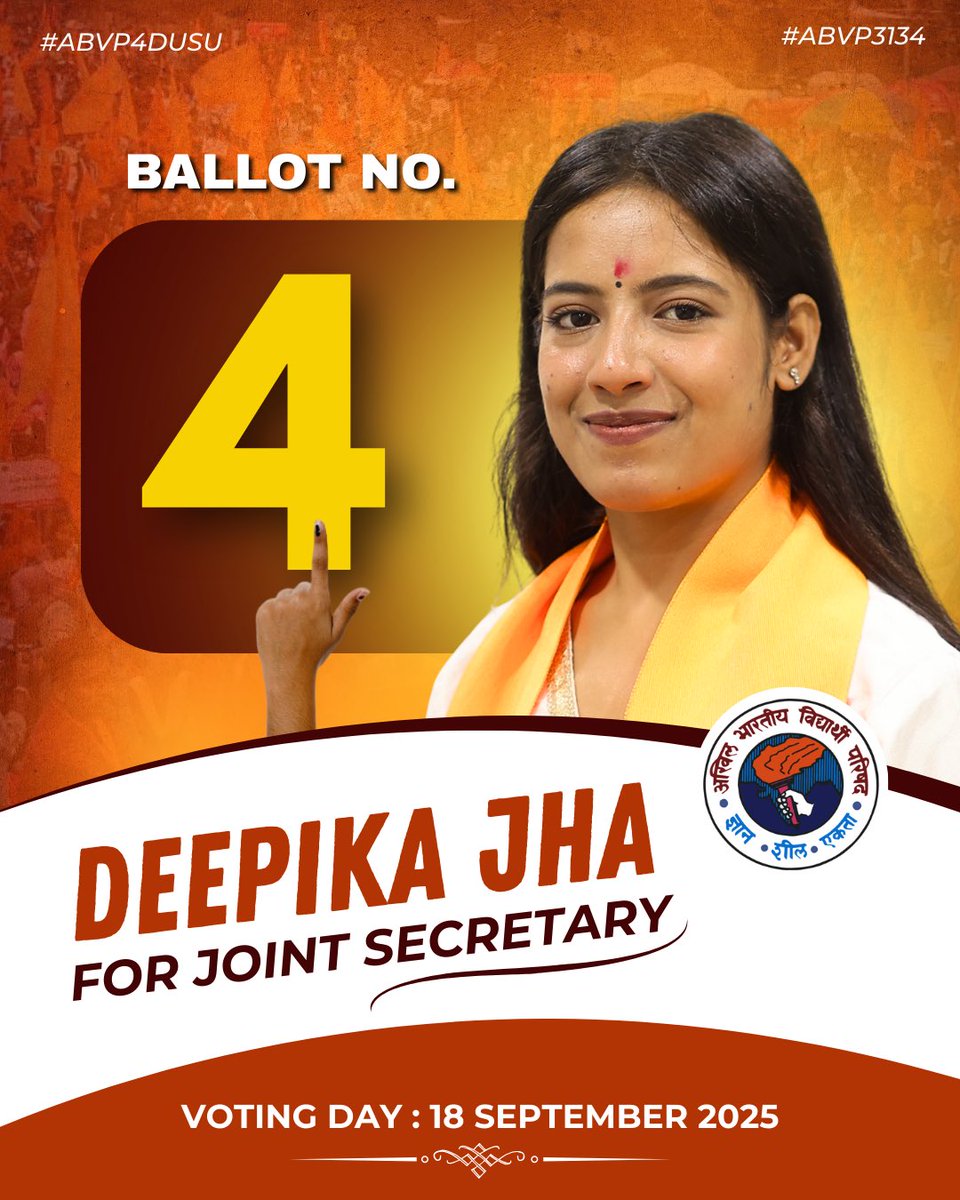 ABVP (@abvpvoice) on Twitter photo From leadership to service, ABVP stands for every student’s voice and vision.
Vote ABVP Panel 3️⃣1️⃣3️⃣4️⃣ - Aryan, Govind, Kunal & Deepika.
#ABVP4DUSU #ABVP3134 From leadership to service, ABVP stands for every student’s voice and vision.
Vote ABVP Panel 3️⃣1️⃣3️⃣4️⃣ - Aryan, Govind, Kunal & Deepika.
#ABVP4DUSU #ABVP3134