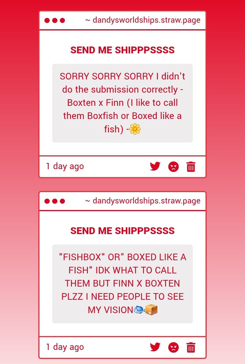 Dandys_Ships's tweet photo. This submitted ship is #Fishbox (Finn x Boxten) thank you for your submission!! #dandysworldboxten #dandysworldfinn https://t.co/BUGGzQ4b6s
