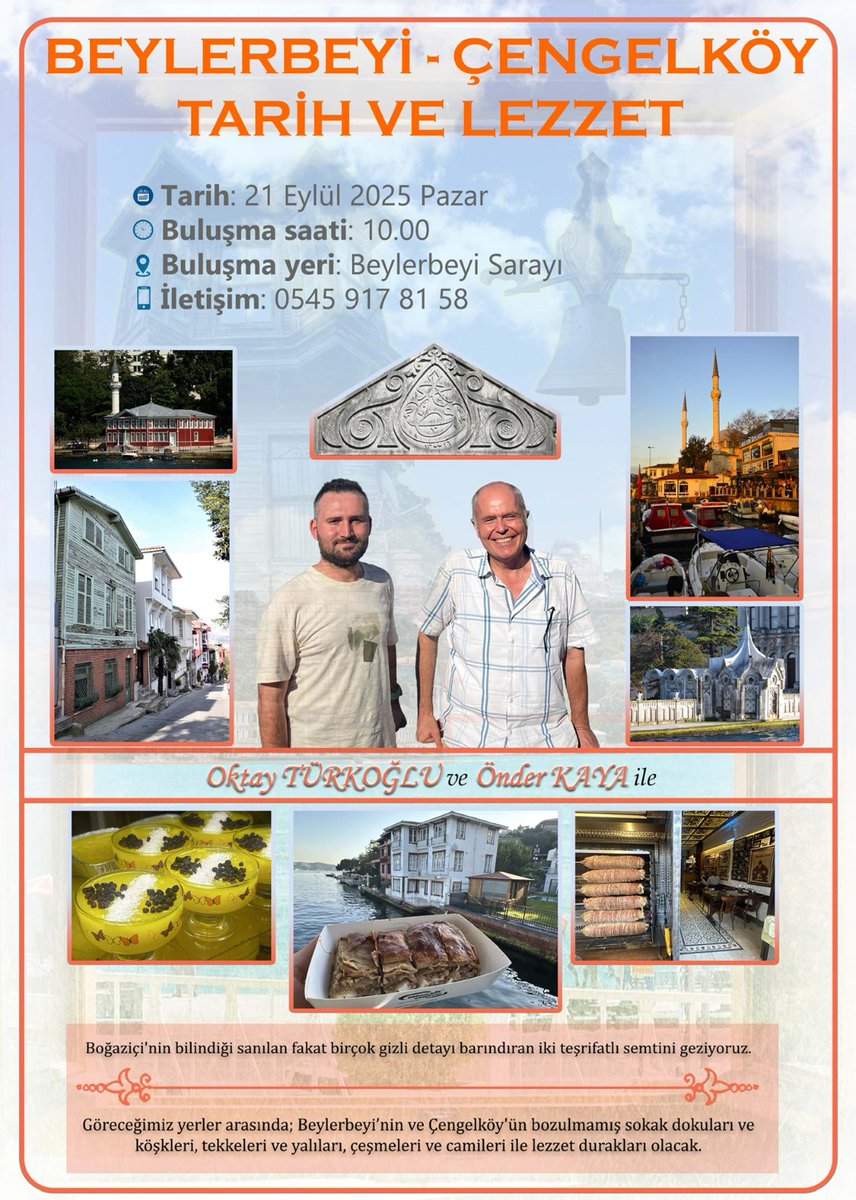 Profesyonel turist rehberi dostum Oktay Türkoğlu ile beraber bu pazar saat 10'da Beylerbeyi ve Çengelköy'ü içine alan bir gezi yapıyoruz. Yolumuzun üzerindeki lezzet duraklarına da uğrayarak tarihi ve doğal güzellikleri ile ön plana çıkan Boğaz'ın bu iki güzelini gezeceğiz.