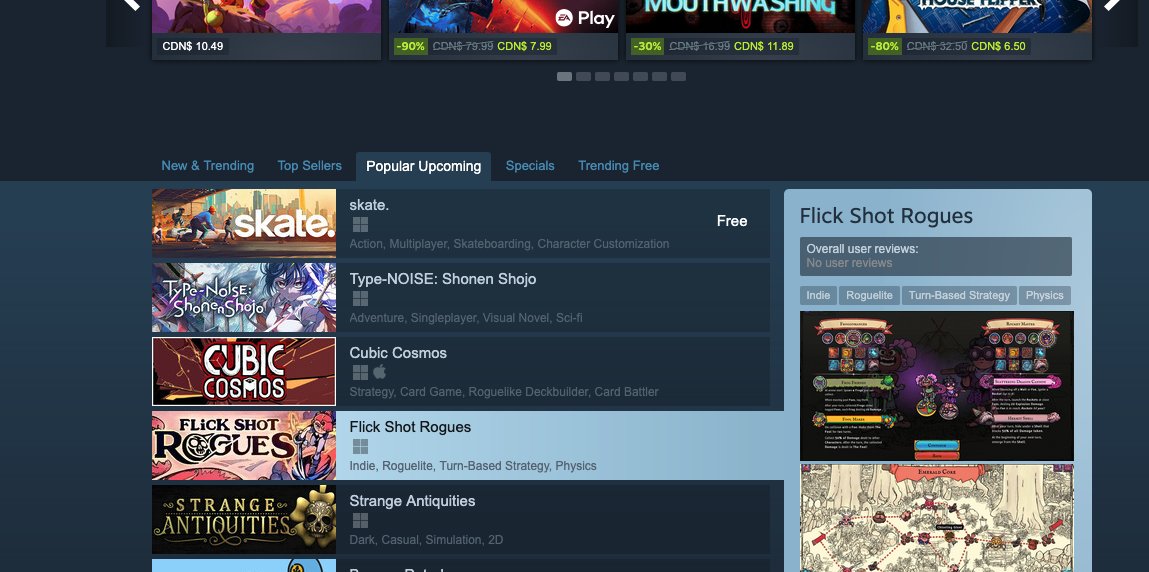 #4 in Popular Upcoming on Steam, you say? 

Well I'll be flicked! 👀

<a href="/butterByTheFish/">Flick Shot Rogues - Wishlist Now 🦀</a> 

store.steampowered.com/app/2427450/Fl…

#FlickShotRogues #roguelike #newgames