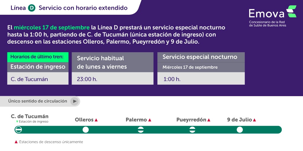 Emova_arg's tweet image. 🚨 ¡Atención usuarios!

📆 El miércoles 17 de septiembre la #LíneaD prestará un servicio especial nocturno de desconcentración hasta la 1:00, partiendo de Congreso de Tucumán ⚪🔴⚽️

⚠️ Mirá cuáles serán los horarios y las estaciones habilitadas para viajar 👇