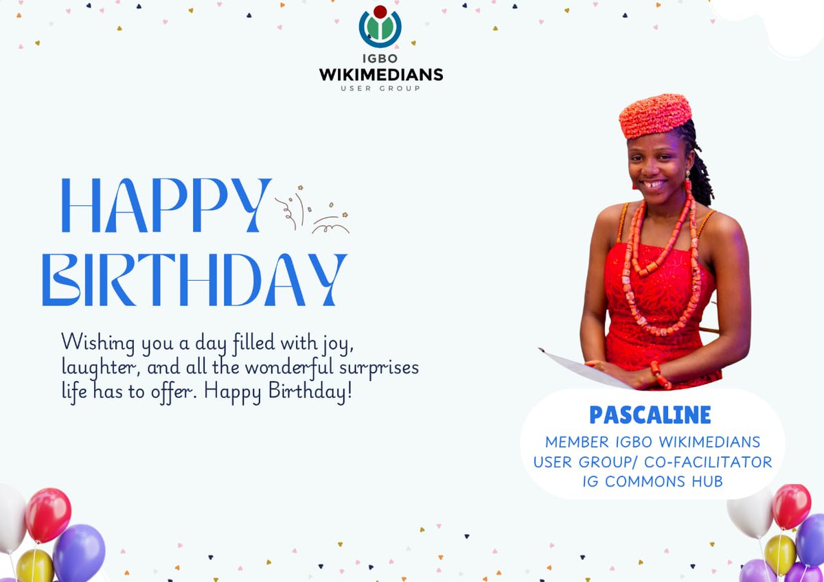 wikimediaigbo's tweet image. EZI ỤBỌCHỊ ỌMỤMỤ PASCALINE!
HAPPY BIRTHDAY PASCALINE!

Ka anyị na-enwe obi ụtọ n'ebe ịno, anyị na-emekwa emume nraranye na mmasị gị maka ịkwalite na ichekwa asụsụ na omenala Igbo na Wikimedia. Daalụ maka ntinye aka gị na ihe niile ị na-eme.

Anyị #SeeThread
