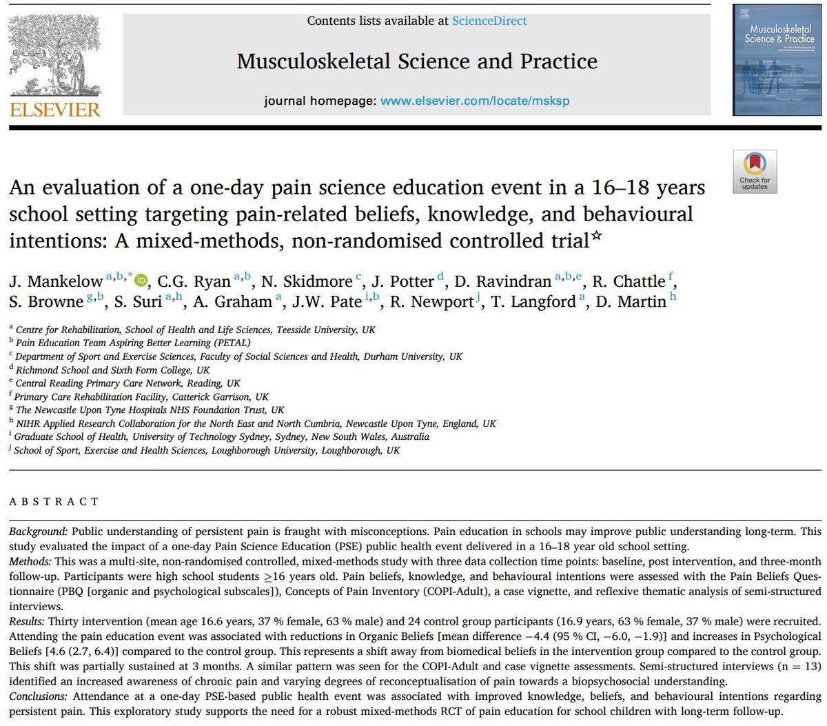 🧠💬 Can just one day of pain science education reshape teens' beliefs about pain? 📚 This school-based trial shows promising shifts in knowledge &amp; intent! 👉 buff.ly/1N4xAuK