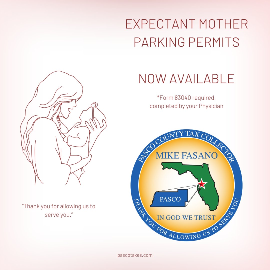 Expectant mothers can look forward to improved parking options! If you are expecting, complete the form available at flhsmv.gov/pdf/forms/8304…… &amp; bring it to one of our offices. The parking permit will remain valid for one year.

<a href="/fasanomike/">Mike Fasano</a>
<a href="/GregGiordano1/">Greg Giordano</a>