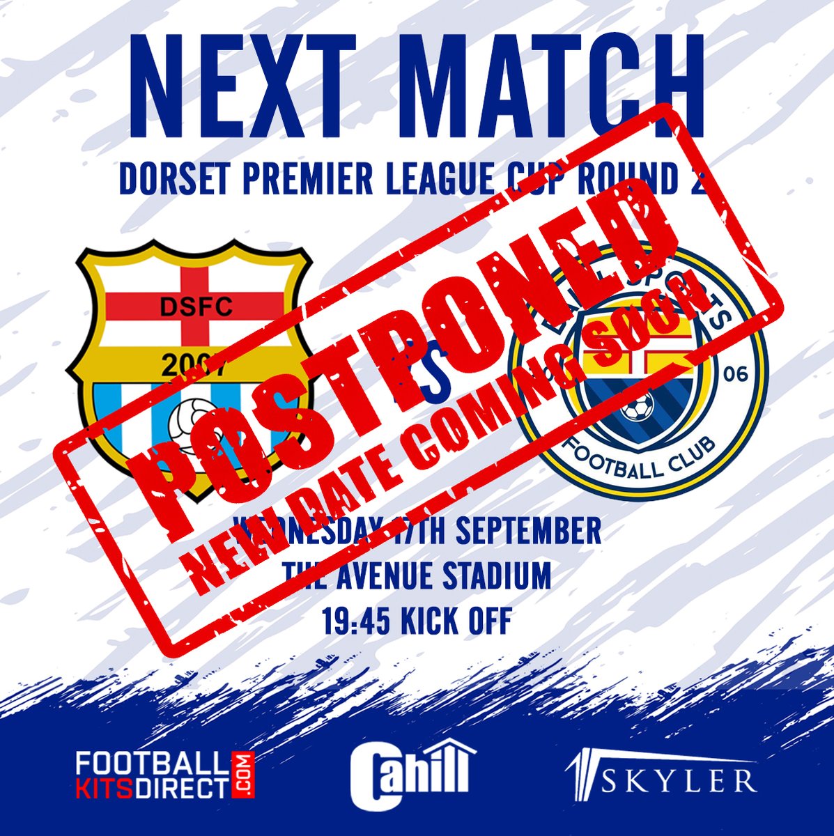❌ | MATCH POSTPONED
Unfortunately, due to pitch repairs taking place at The Avenue Stadium, our Dorset Premier League Cup tie against Balti Sports has been postponed, and therefore won't be played tomorrow night.

A new date will be announced in due course.

COUS 💙
