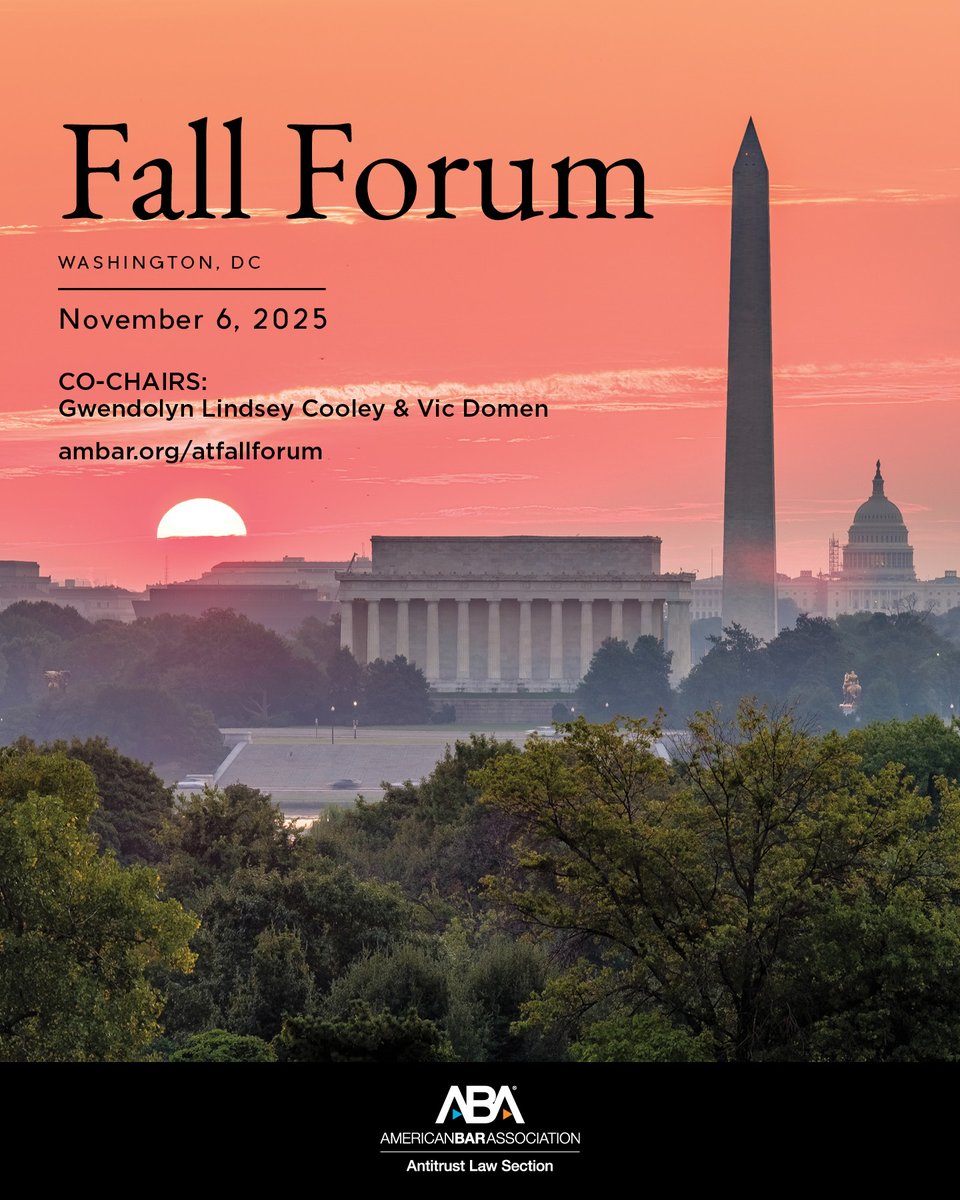 abaantitrust's tweet photo. STATES STRIKE IT BIG: Join us at the 2025 Antitrust Fall Forum on November 6 at the Ronald Reagan Building and International Trade Center to discuss how states have responded to new challenges, new cases, and the passage of new legislation. Panels will explore how the states are making their mark and having an impact across the US as leaders, thinkers, and enforcers. While state enforcement priorities expand both in doctrine and in case law, what will the impact be on the evolution of antitrust domestically? Will states be a new front line for antitrust battles?

Save now & register for early bird by October 16: https://t.co/8uIoSi80Ta