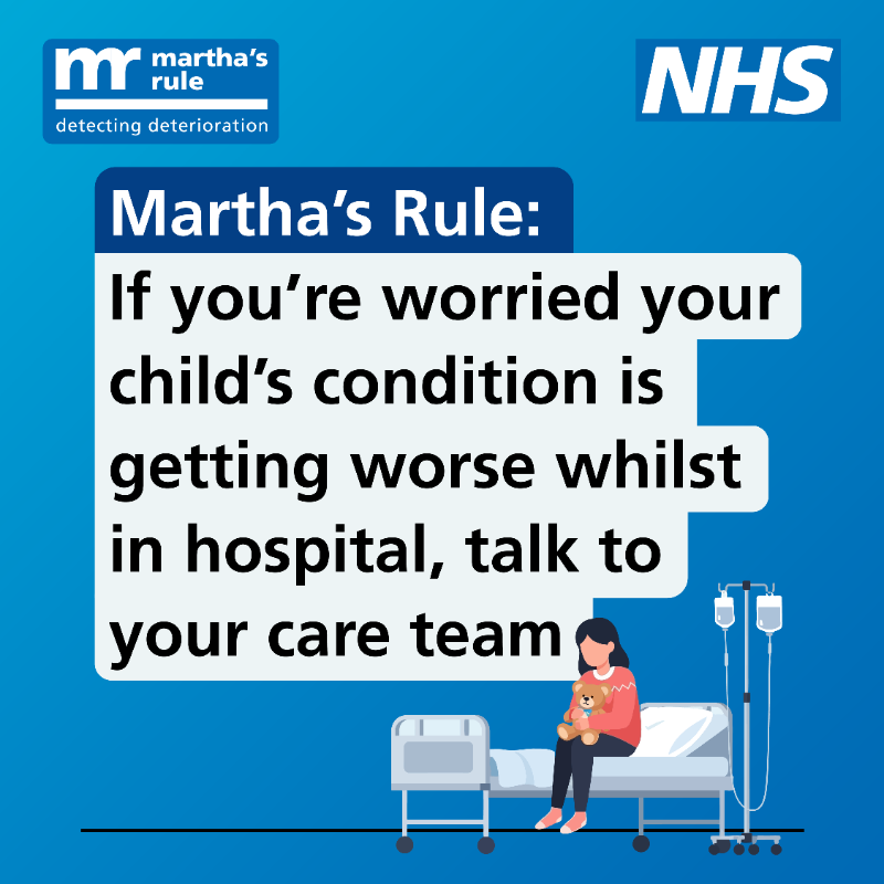 NHSuk's tweet photo. It's World Patient Safety Day.

Martha's Rule helps detect deterioration in hospital patients early and it applies to every patient.

Parents — if your child is ever in hospital, trust your instincts and speak up if you notice any changes that worry you.