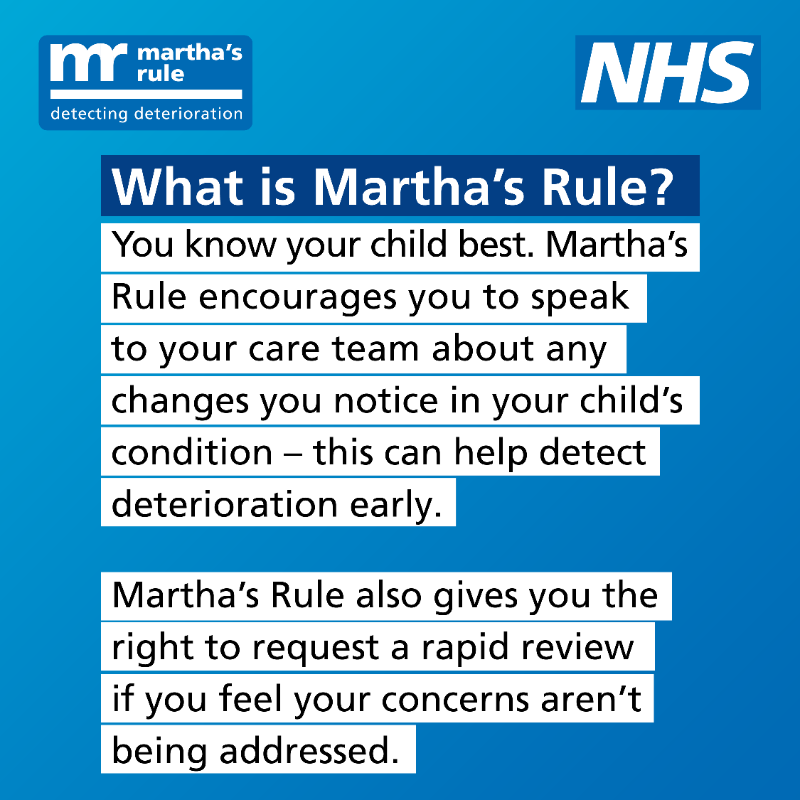 NHSuk's tweet photo. It's World Patient Safety Day.

Martha's Rule helps detect deterioration in hospital patients early and it applies to every patient.

Parents — if your child is ever in hospital, trust your instincts and speak up if you notice any changes that worry you.