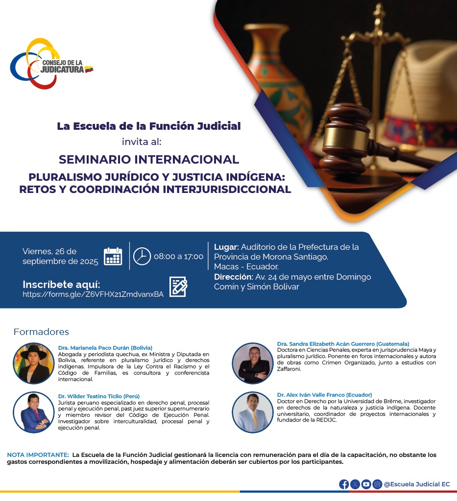 Felicitamos a Sandra Acán Guerrero -Presidenta de la Academia Latinoamericana de Derecho Penal y Penitenciario-  así como a Wilder Teatino Ticlio -miembro ALDP-  por su participación en el Seminario Internacional que de manera presencial organiza <a href="/EscuelaCJec/">Escuela Judicial EC</a> <a href="/CJudicaturaEc/">Consejo de la Judicatura</a> 
👏👏