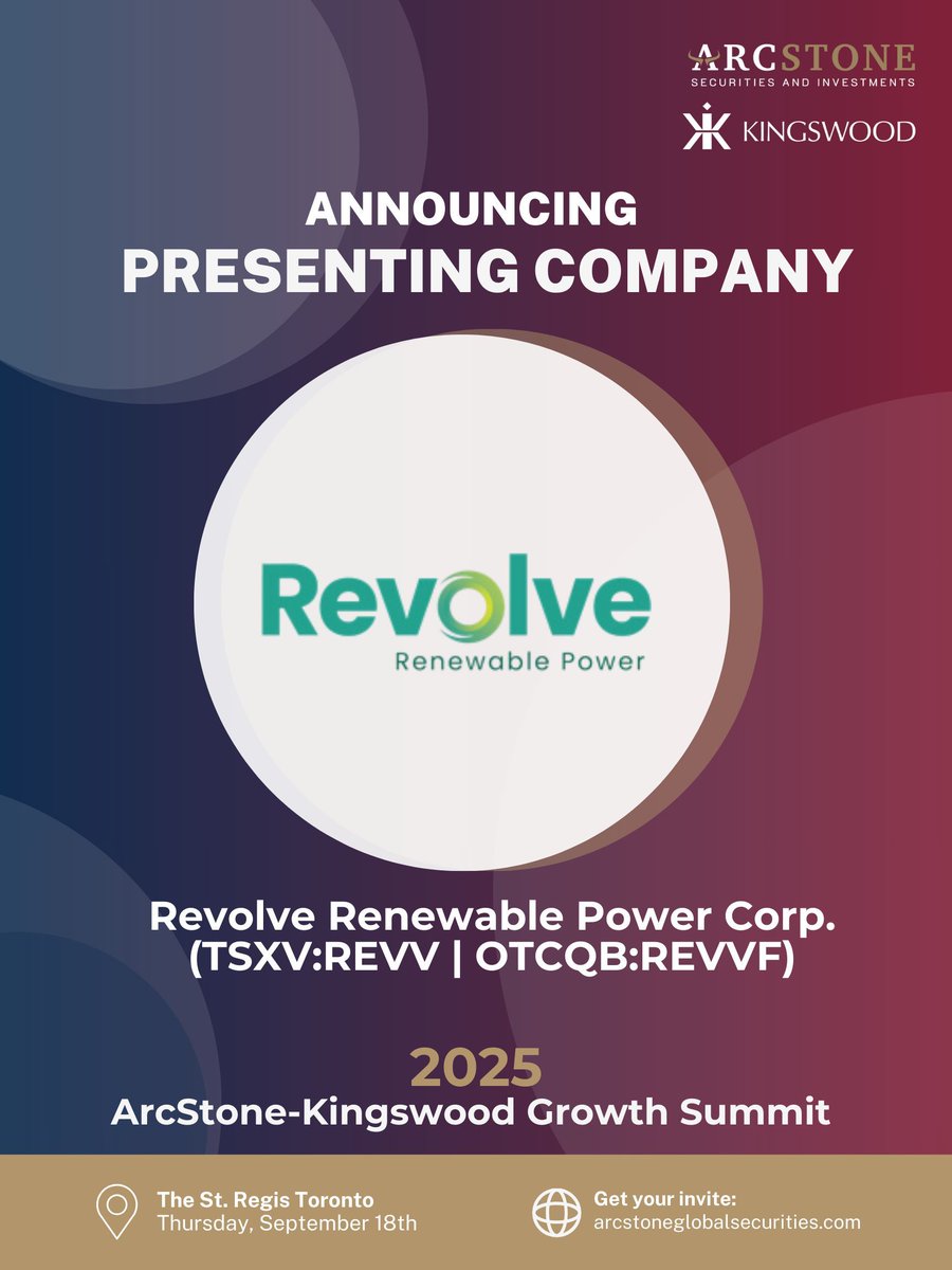 Presenting Company Spotlight!
We are thrilled to welcome Revolve Renewable Energy Corp. as a Presenting Company at the ArcStone-Kingswood Growth Summit 2025! 
Full agenda here: bit.ly/4go60hT 
#ArcStone #Kingswood #GrowthSummit #Revolve