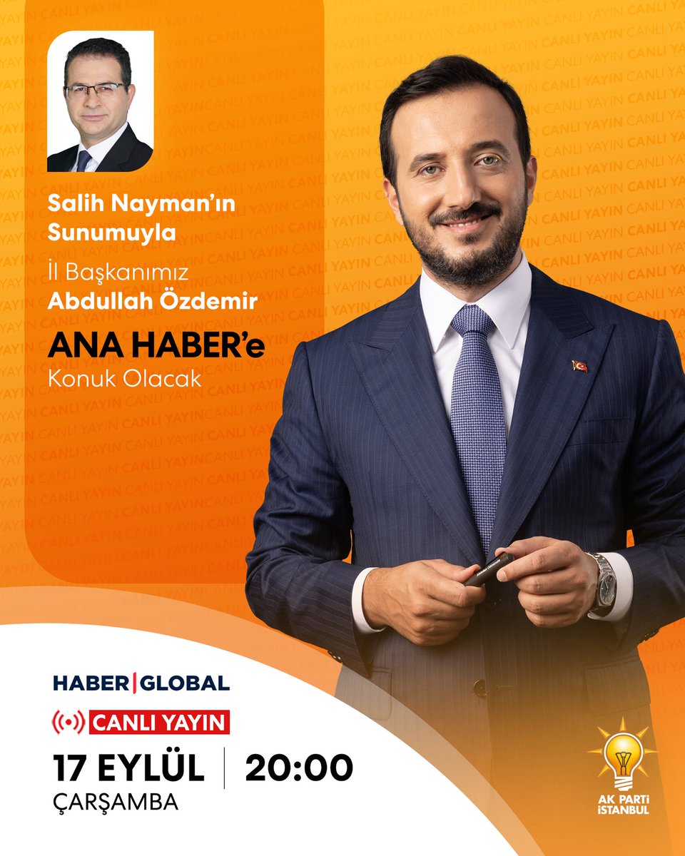 İl Başkanımız <a href="/abdullahozdemir/">Abdullah Özdemir</a>, 17 Eylül Çarşamba günü saat 20.00’de <a href="/HaberGlobal/">Haber Global</a> ekranlarında, Salih Nayman’ın sunduğu Ana Haber’in konuğu olacak.

Sizleri ekran başına davet ediyoruz.