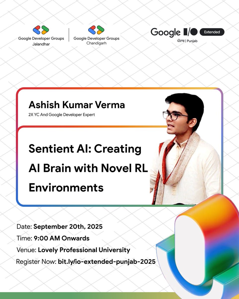 GDGJalandhar's tweet image. Sentient AI isn’t sci-fi, it’s Ashish Kumar Verma’s weekend project 🤯

Hear him at #GoogleIOExtended Punjab on Sept 20 @ LPU.

📝 bit.ly/io-extended-pu…

#GDGJalandhar #GDGChandigarh #SentientAI #RL