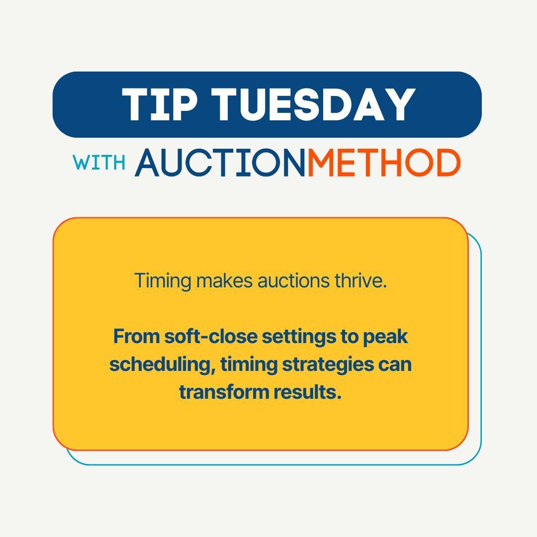 AuctionMethod's tweet image. #TipTuesday: Timing makes auctions thrive. From soft-close settings to peak scheduling, timing strategies can transform results. Find out more: auctionmethod.com/blog/what-is-a…?