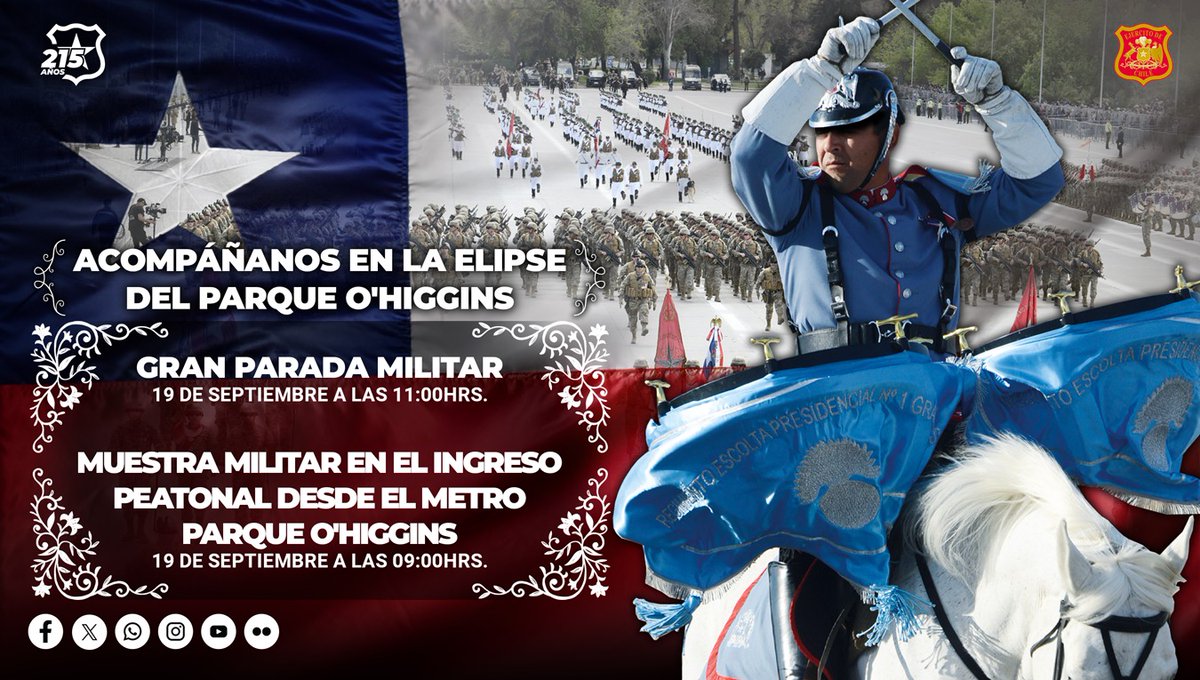 Este 19 de septiembre acompáñanos a celebrar las #GloriaDelEjército en la elipse del Parque O´Higgins donde podrás visitar nuestra Muestra Militar desde las 9:00 hrs. y presenciar la #GranParadaMilitar 2025 a las 11:00 hrs. #215AñosDeHistoria
¡Te esperamos! #GloriasDelEjército
