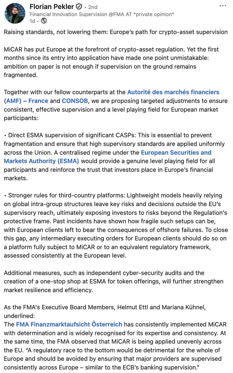 The crypto regulators of France, Italy and Austria are in panic-mode,  because no one likes them. MiCA allows passporting your crypto license  across all EU countries. This is in the spirit of
