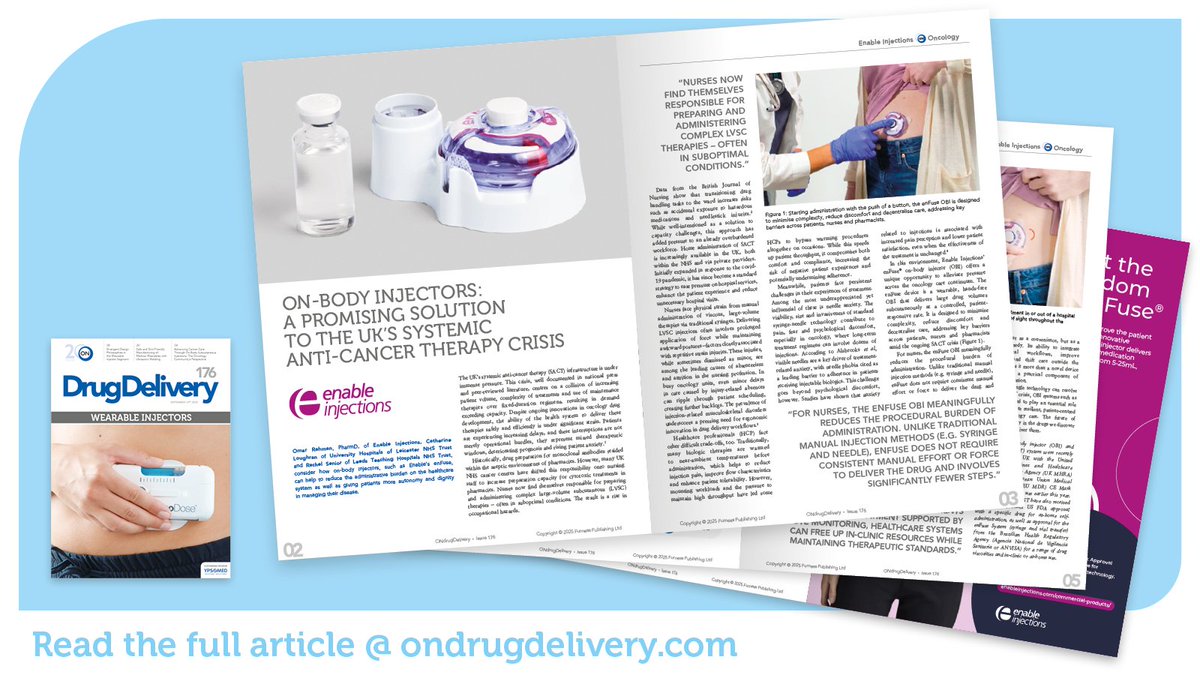 Enable Injections (@enableinjection) on Twitter photo The future of patient care lies not only in the drugs we discover, but in how we deliver them.
The latest edition of <a href="/ONdrugDelivery/">ONdrugDelivery</a> is here, focusing on wearable injectors and featuring the innovative enFuse drug delivery system! Read the full article: bit.ly/3K3EMB8 The future of patient care lies not only in the drugs we discover, but in how we deliver them.
The latest edition of <a href="/ONdrugDelivery/">ONdrugDelivery</a> is here, focusing on wearable injectors and featuring the innovative enFuse drug delivery system! Read the full article: bit.ly/3K3EMB8