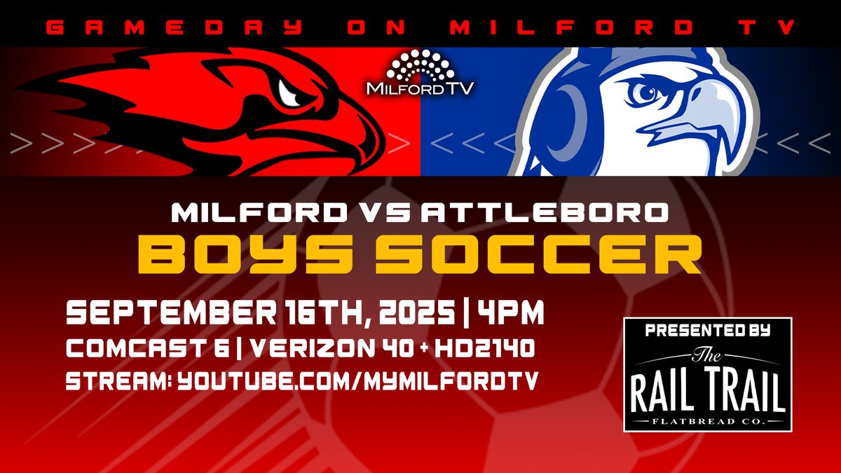 Fall sports coverage continues this afternoon at 4pm as we head back to the turf field for MHS Boys Soccer vs Attleboro!

Comcast 6
Verizon 40 + HD2140
Stream: youtube.com/mymilfordtv

Presented by <a href="/RailTrailFBCo/">The Rail Trail Flatbread Company</a>