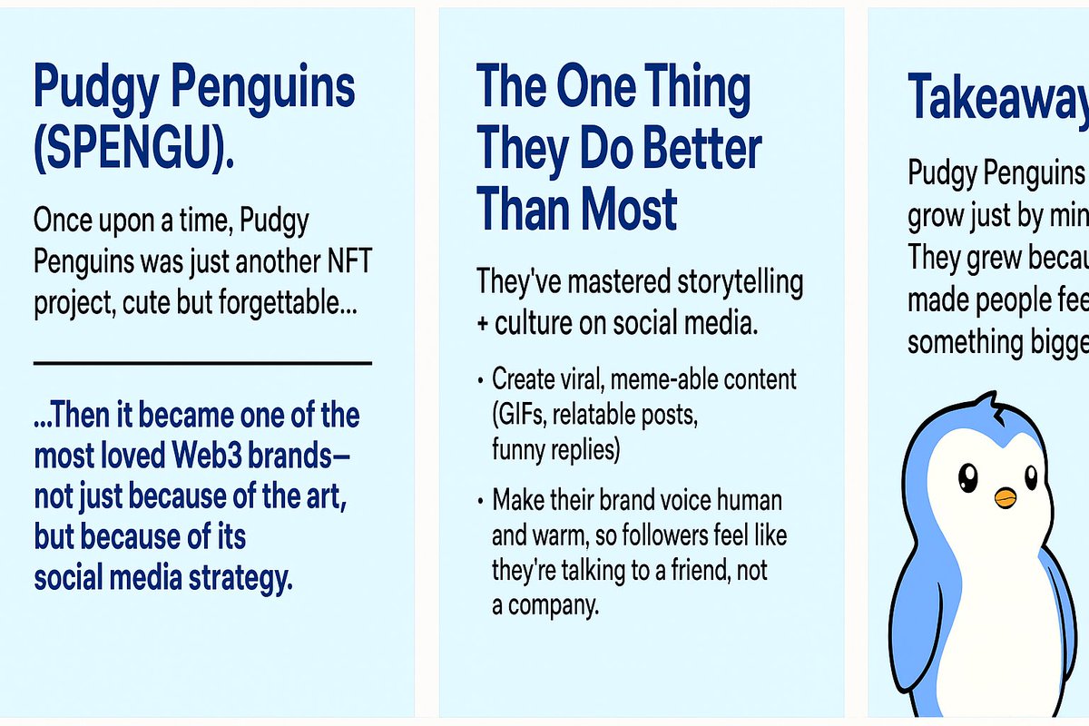 Roh_see (@wendy_rohsee) on Twitter photo Why do some projects do better than the others?
We talk about how a project should have consistency and credibility,but beyond that, something is needed to make it stick.
Let me break it down,using <a href="/pudgypenguins/">Pudgy Penguins</a>
What started as a cute NFT collection of penguins grew into a Why do some projects do better than the others?
We talk about how a project should have consistency and credibility,but beyond that, something is needed to make it stick.
Let me break it down,using <a href="/pudgypenguins/">Pudgy Penguins</a>
What started as a cute NFT collection of penguins grew into a