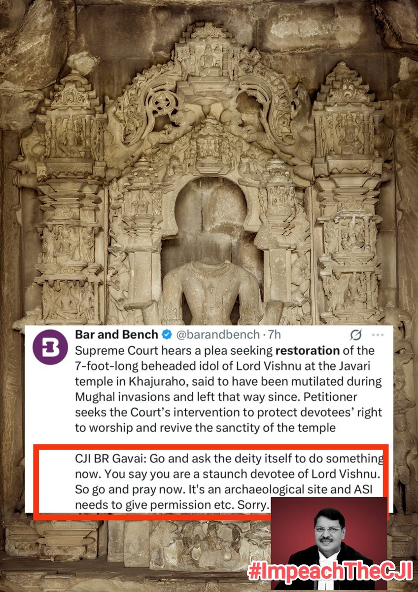 NarendraVictory's tweet photo. 🚨CJI Gavai mocks Bhagvān Vishnu.

Impeach the CJI !!!! Impeachment is the only answer! #ImpeachTheCJI

Would he dare mock any other faith ??

This divine Mahavishnu murti from the Javari Temple, Khajuraho (10th–11th century, Chandela dynasty) stands as a reminder of our glorious heritage – not something to be mocked.

@barandbench @KirenRijiju @arjunrammeghwal
