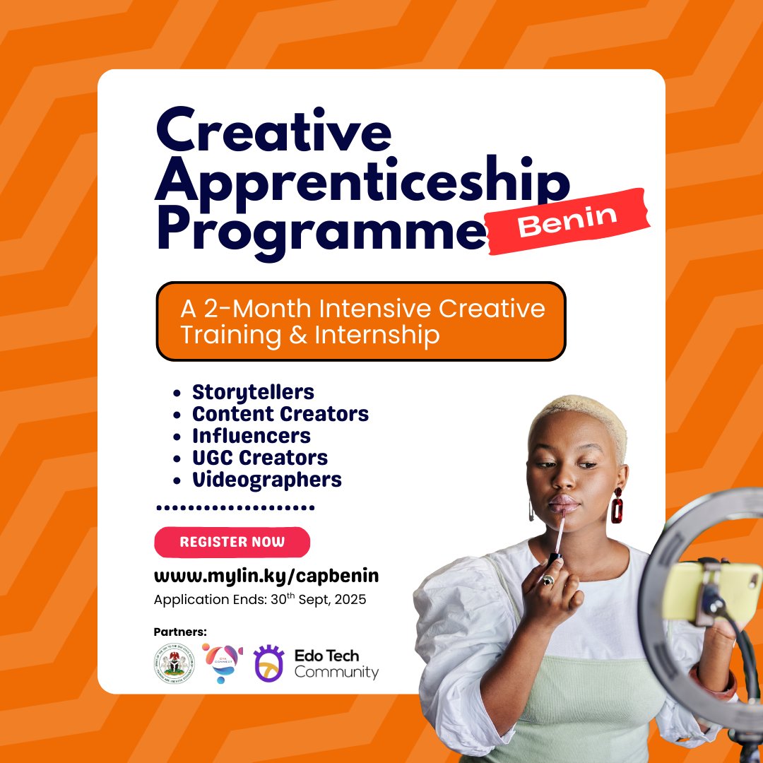 ✨ Dear Creators, this one is for you.

Edo Tech Community, in partnership with Eki presents, the Creative Apprenticeship Programme, a 2-month training and internship made to help you turn your talent into real skills and jobs.

🔗 Register now: mylin.ky/capbenin