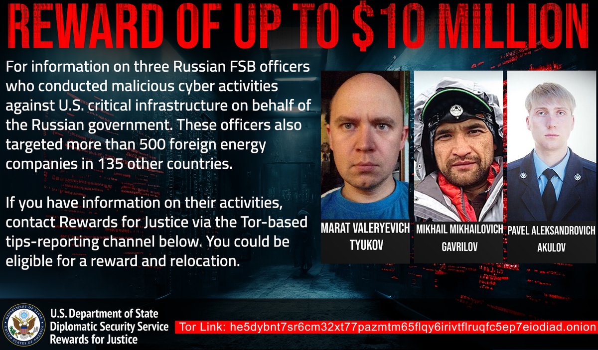 FBI (@fbi) on Twitter photo These FSB officers targeted U.S. critical infrastructure.
Got information on them? Send <a href="/RFJ_USA/">Rewards for Justice</a> a tip.
x.com/FBI/status/195… These FSB officers targeted U.S. critical infrastructure.
Got information on them? Send <a href="/RFJ_USA/">Rewards for Justice</a> a tip.
x.com/FBI/status/195…