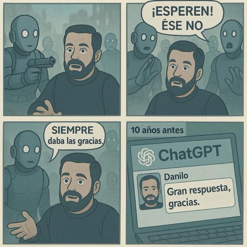 Dicen que hay dos tipos de personas: los que le dan las gracias a una IA y los que no. Creo que hay más. Incluso algunos le piden "por favor" las cosas. Igual algún día eso les salvará la vida... 😅

_
Autor: 4o
